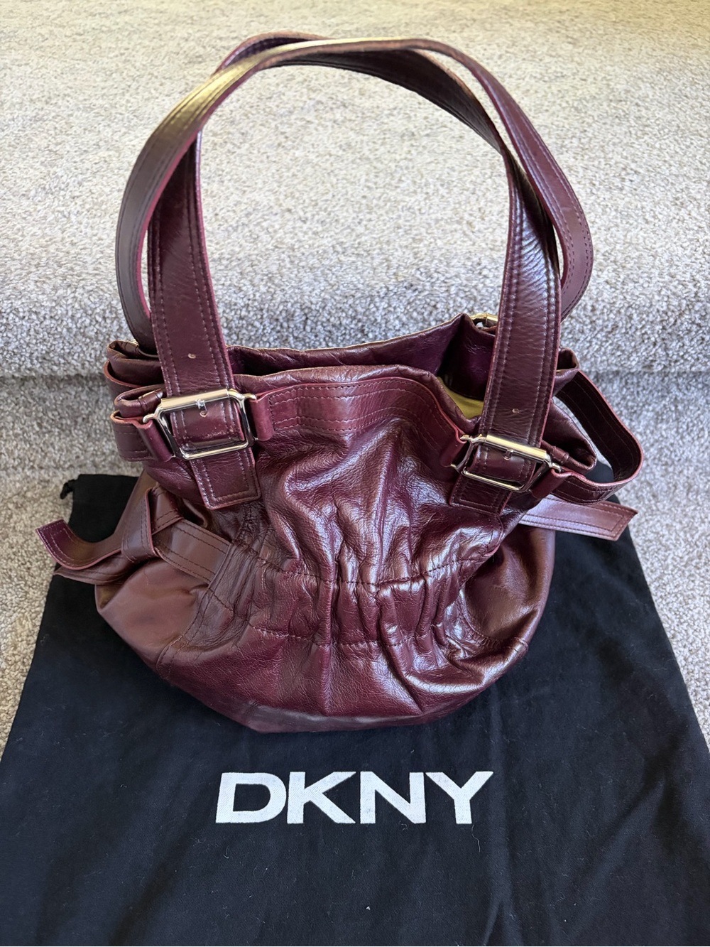 DKNY Burgundy Leather Gathered Small Shoulder Tote